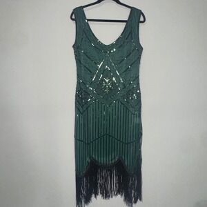 Fundaisy Emerald Green Sequin Flapper Dress Art Deco Fringe Gatsby Style XL‎
